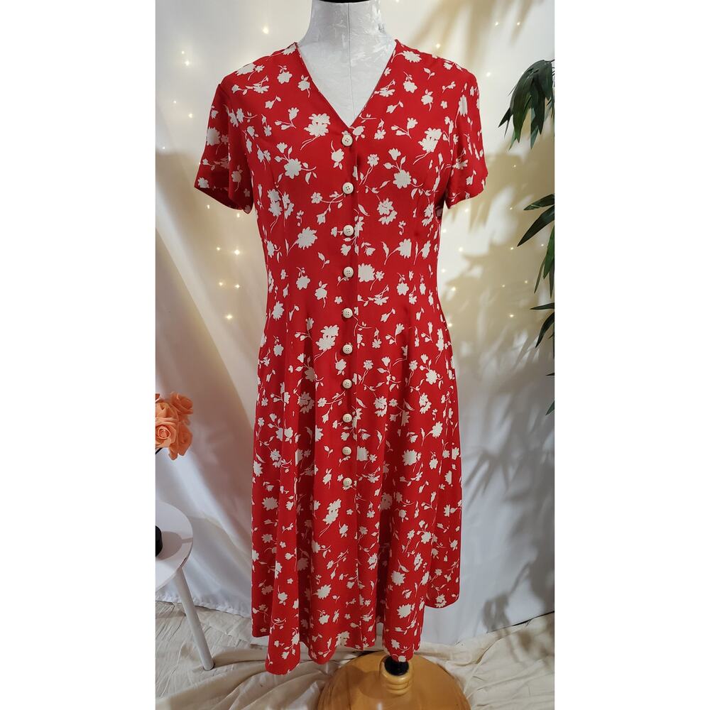 Jones Wear Vtg 90s Floral Button V-Neck Midi Dress Womens Size 6P Pockets Grunge